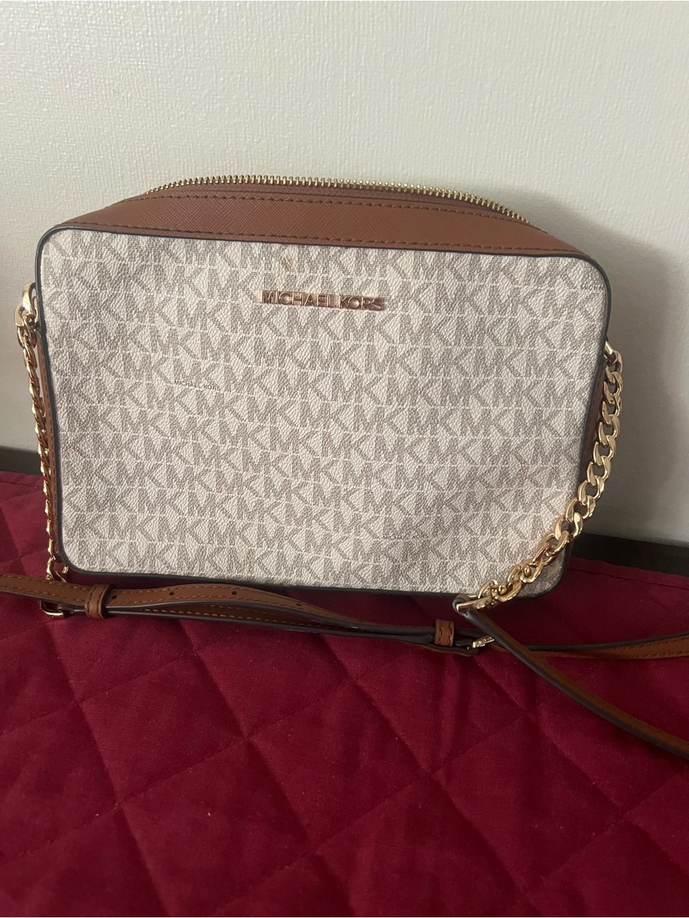 Michael Kors Beige & Brown Logo Crossbody with Gold Chain